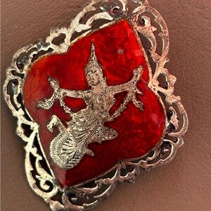 Vintage Sterling Silver and Red Enamel Siam Dancing Goddess Brooch